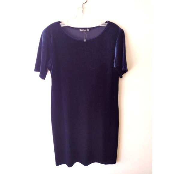 Boohoo Velvet Mini Dress Women's Size 8 Navy Blue Short Sleeve Stretch - Picture 1 of 11